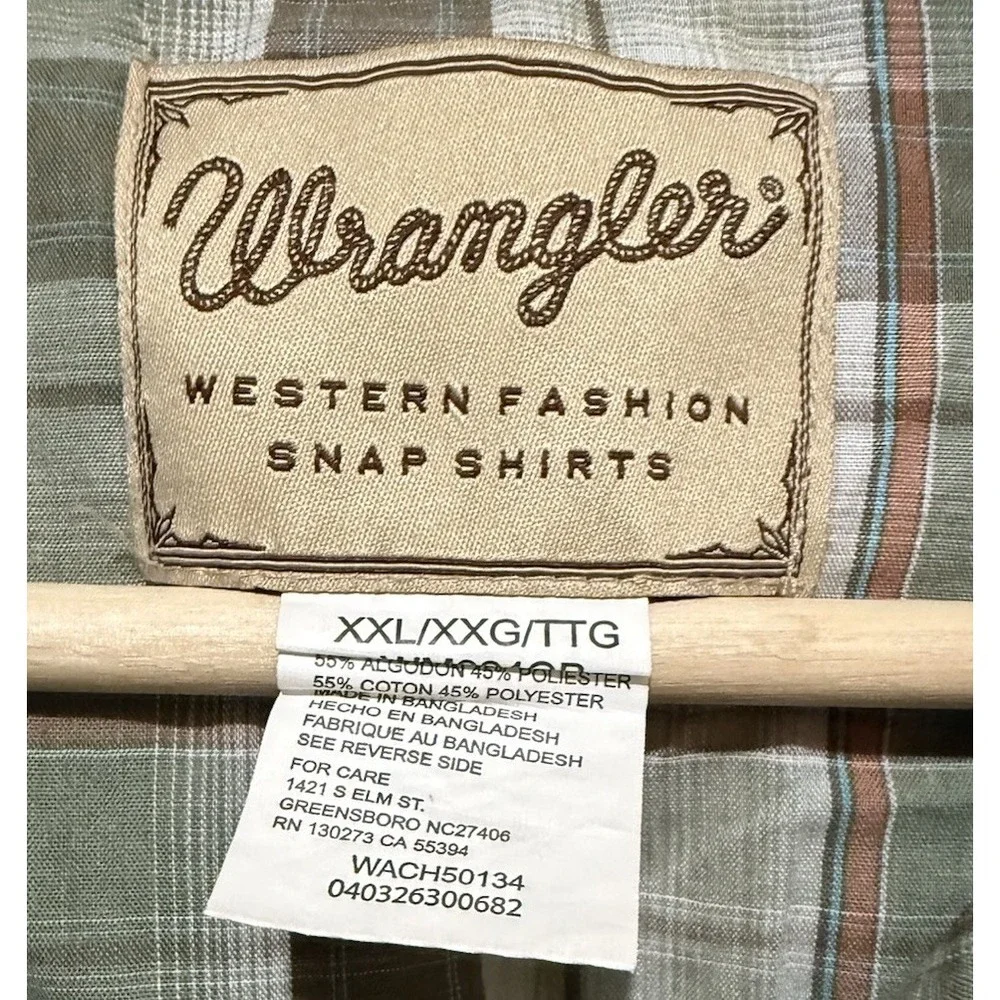 Wrangler Wrancher Pearl Snap Shirt Men's Size XXL Green/Tan Plaid Cotton Vintage